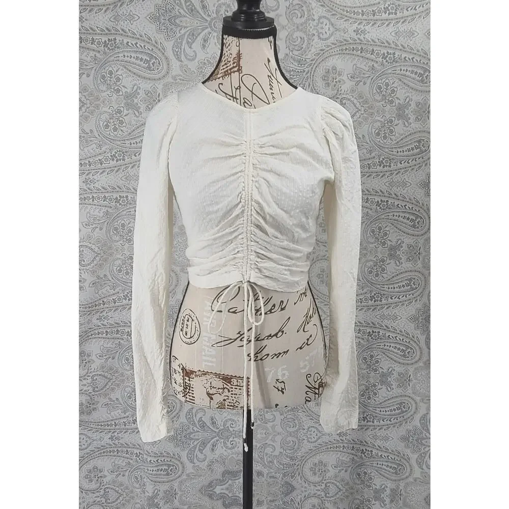 Free People Women's long sleeve crop top cinch front Ivory Size XS Boho Chic
